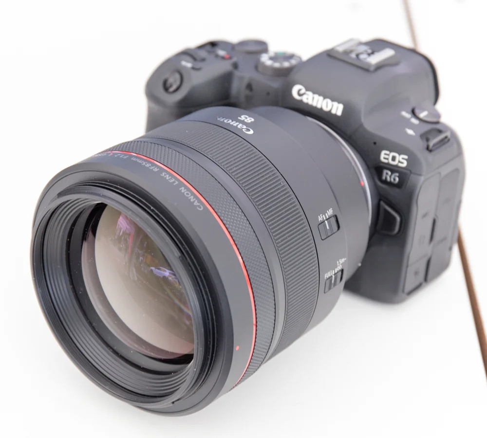 Canon RF85mm F1.2 L USM lens attached to a Canon EOS R6 camera; camera is not included in the lens recommendation.